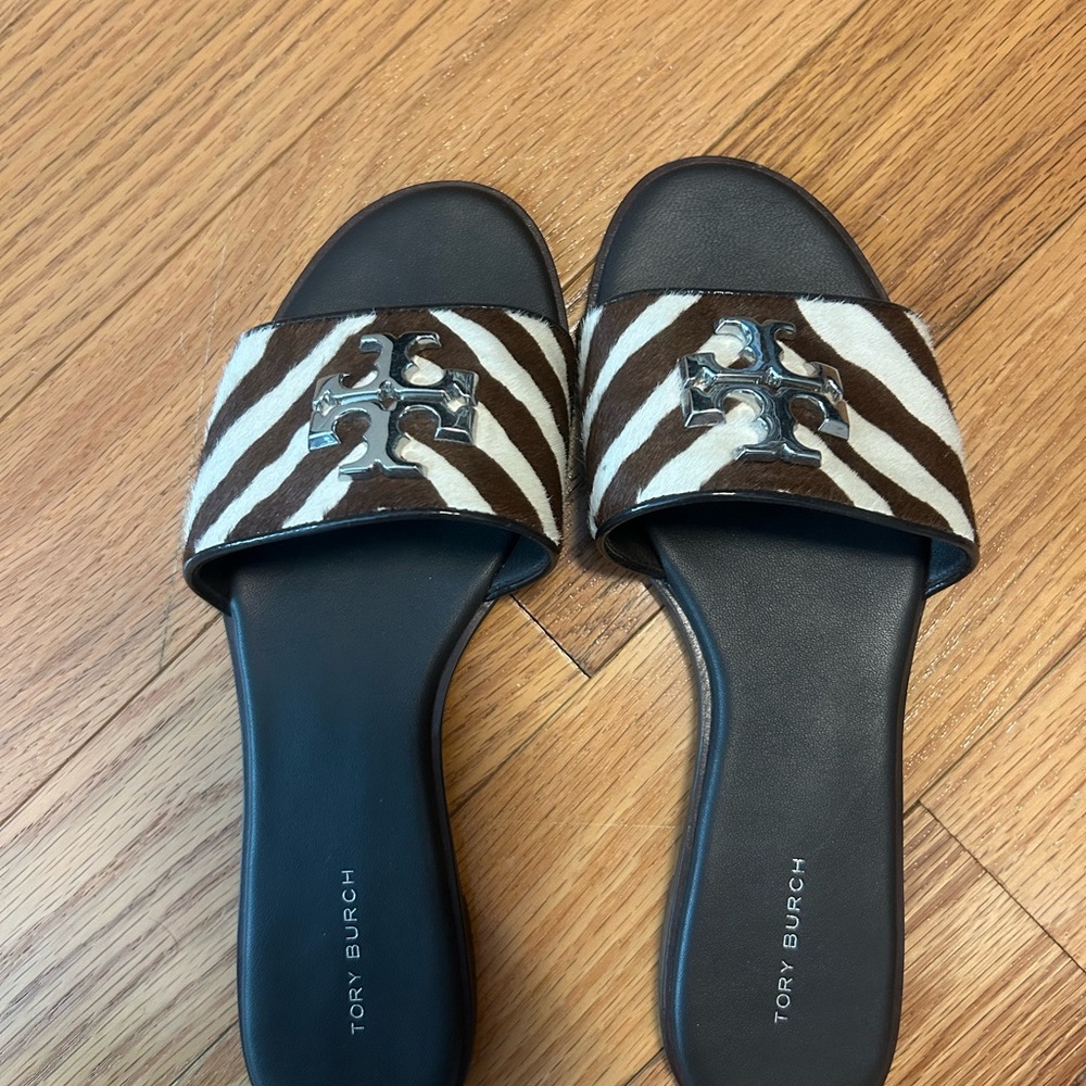 Tory Burch Brown and White Zebra Print Women's Slide Sandals